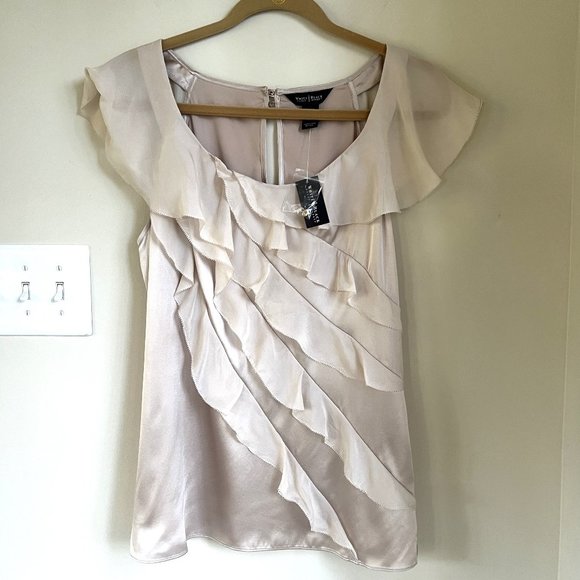 NEW WHBM Silk Stretch Cascading Ruffle Blouse Top, Champagne Shell, Size 12 - Picture 2 of 14